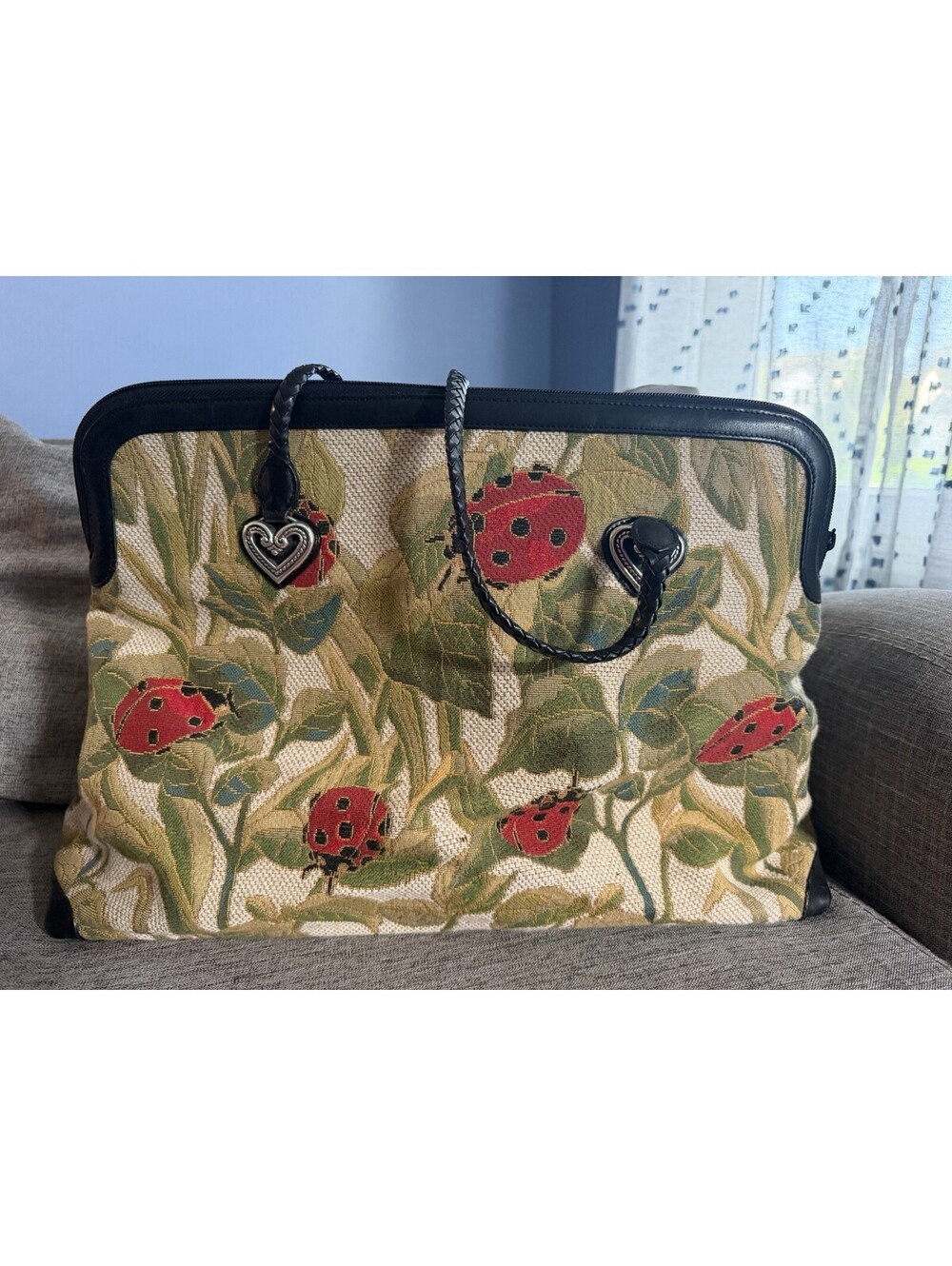 Brighton Alyssa Ladybug Tapestry Weekender Tote Bag Braided Leather Handles